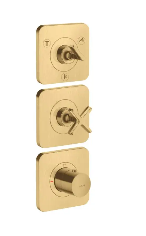 Thermostatmodul für Wandmontage mit drei Steuerelementen in brushed gold, hergestellt von AXOR, zur Regelung von wasserführenden Verbrauchern im Badezimmer.